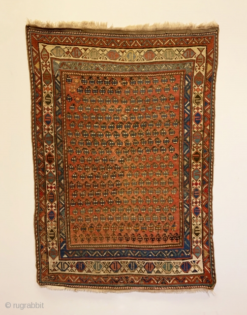 Antique Shahsavan Rug. Late 19th Century. Cerulean blue botehs sit on abrashed field. Unique bird design in border featured prominently on Shirvan Kilims. Original 4 sides. Minor tribal re-piling to field. 10  ...