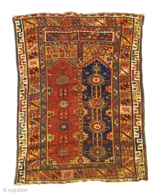 Antique Anatolian Megri (Makri). Mid 19th century. Turkish village double niche prayer rug. Saturated colors on silky wool. Original turquoise selvage. Slight loss to star motif ends. 4’2 x 5’5. 10 colors.  ...