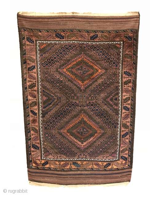 Antique Baluch Rug. Mushwani Group. 1st Quarter 20th Century. The field consists of radiating latch hooks and features gorgeous kilim ends. Excellent Condition. No repairs. Original goat hair selvage. 8 colors. 5'11"  ...