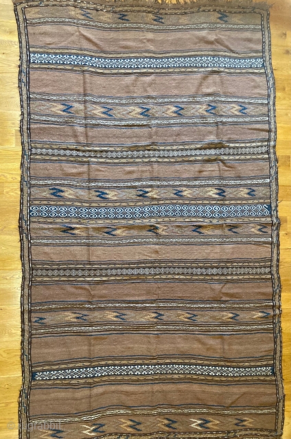 5'10" x 9'9" Antique Afghan Baluch Kilim Runner [014]

Beautiful Baluch kilim. Chevron motifs with a weft float make. Excellent condition, 5 wood colors, made with vegetable dyes, and given a museum-quality hand  ...