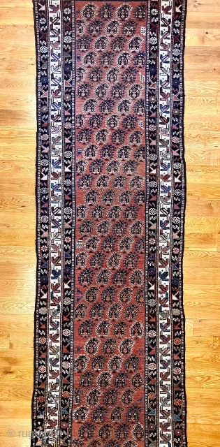 10'5" x 3'2" Persian Veramin Boteh Runner [019]

Antique Veramin runner. Alternating diagonal pattern on a madder field. Missing 3 borders on bottom, made with 6 bold colors, and was given a museum-quality  ...