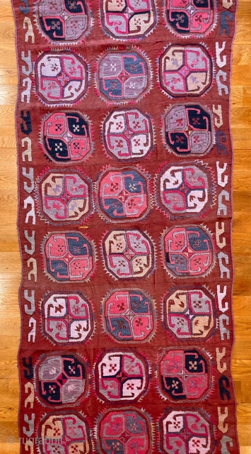 3’7” x 8’2” Uzbek Kilim [069]

An antique Uzbek kilim. Woven in narrow bands then woven together. Made from fine Karaqul sheep wool. Features a 3 x 8 gol pattern and was given  ...