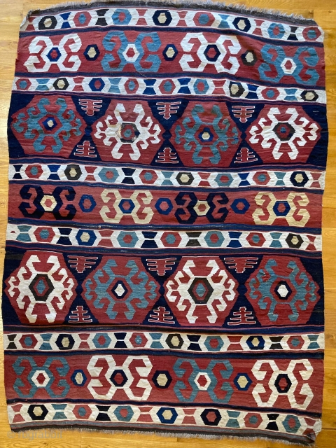 7’7” x 5’8” 19th Century Caucasian Bordjalou Kazak Kilim [123]

An antique Caucasian Bordjalou Kazak kilim. Circa 1890, in excellent condition, this piece features five stunning vibrant colors. Given a museum quality hand  ...