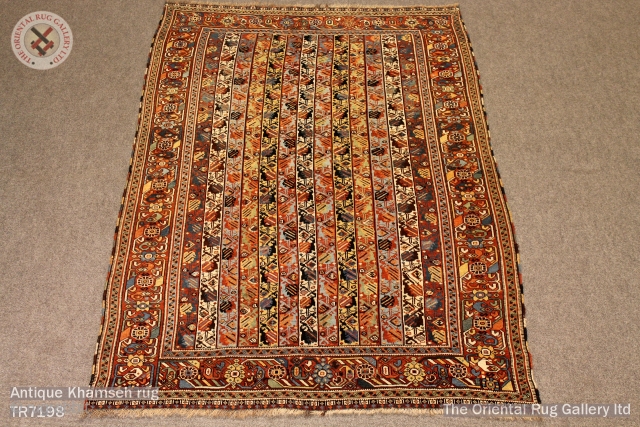 Antique Khamseh rug. Naturally dyed wool on a wool foundation
Complete and original sides and ends restoration 
1.80m x 1.21m              