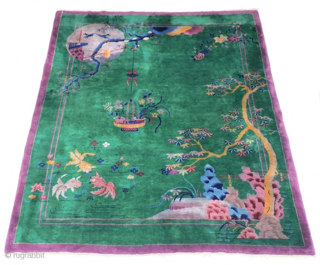 C1930. Maple & Co, Chinese  art deco, wool rug (with label). Good original condition, fringe loss, needs a spruce. Some  colour shift in photo.. From my extensive google image research,  ...