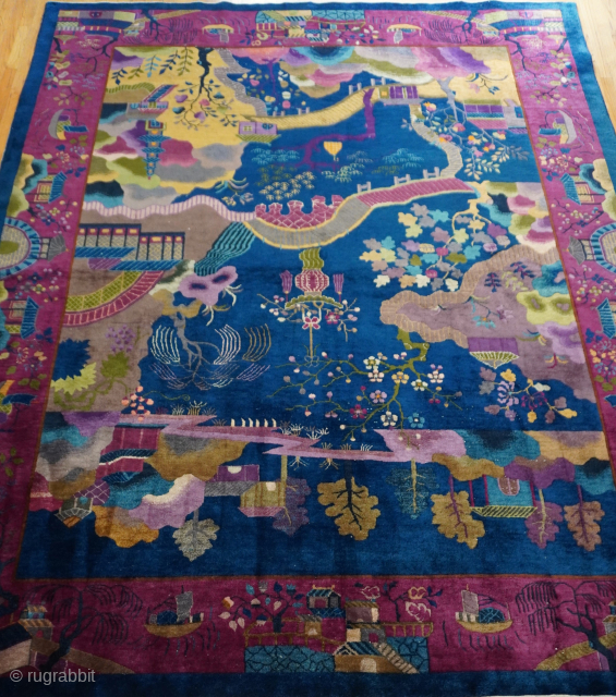 Stunning Antique Art Deco Chinese oriental rug, it measures (8'10" x 11'7" ft.) amazing colors and design, wonderful condition, professionally hand washed.