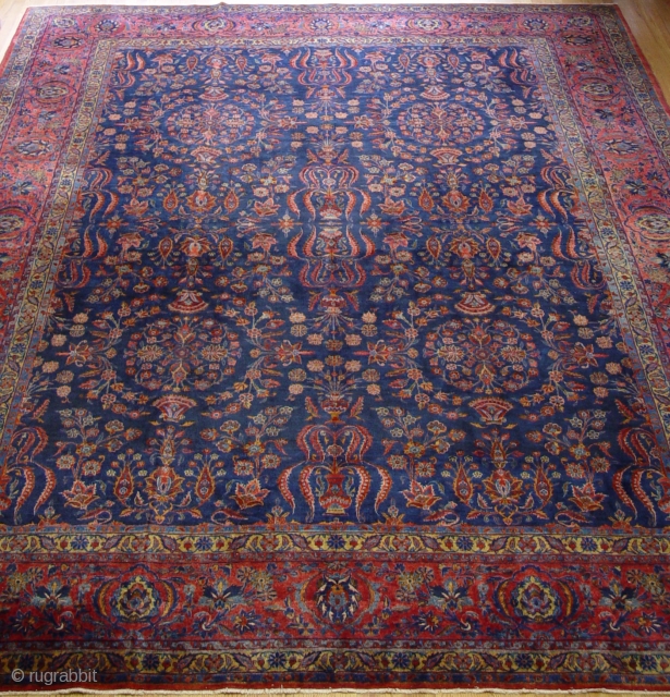 Antique Persian Kashan Rug, the size is 10'7" x 13'8" ft.  circa 1880 -1900's, very good original condition and has a minor area of lower pile, Blue background, hand washed and  ...