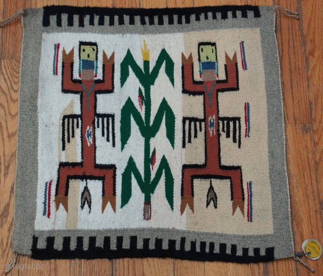 Antique American Native Navajo Yei Pictorial Wool Rug with tag, has Z line, size 21" x 21" inch, excellent condition, not hand washed & cleaned yet.       