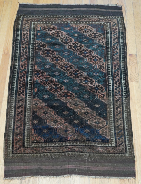 Antique Persian Baluch rug , 19th century, 2'9" x 4'9" ft. contact: thetriballooms@yahoo.com
beautiful green , no wears has abrush, professionally hand washed recently. 
         