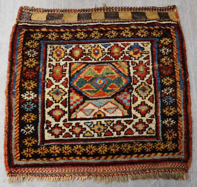 Stunning Antique Kurdish Bag face great colors, excellent original condition, size is 2'3" x 2'1" ft (27" x 25" inch)             