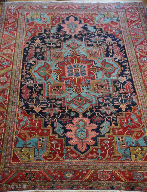 Antique Heriz Serapi Persian Rug, it is (11'2" x 15'5"ft.) gorgeous colors, ca. 1900s, good condition, professionally hand washed.              