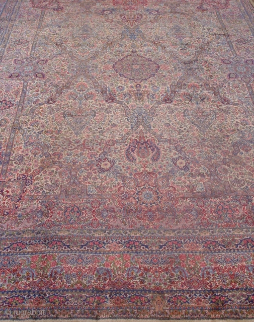 Persian Lavar Kerman ca. 1920's, measures 12'9" x 17'ft. (389 x 519 cm.) excellent original condition,full pile throughout the rug, hand washed and cleaned, no repairs, the sides and ends are complete.  ...