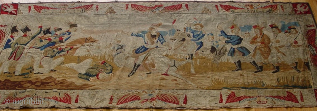 Antique Tapestry Pictorial War Scene Hand Woven ca. 19th Century or older, H 3'x W 7.2 ft. with gold woven.