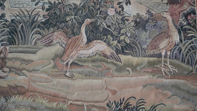 French Aubossun Hand Woven Tapestry with Birds Trees Dog Landscape second half 20th century, the size is 5'x7' ft. excellent condition.            