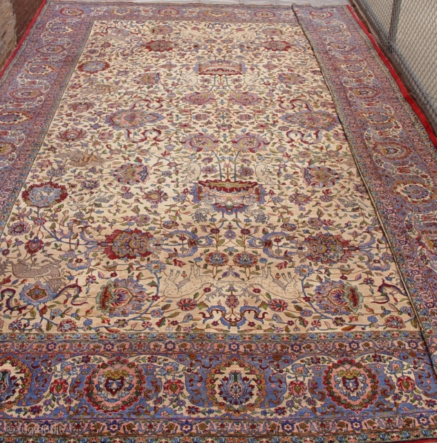 Spectacular Antique pictorial Kashan palace size rug,the size is (12'9" x 19'4" ft.)(390 x 590 cm.), it is super tightly woven, this truly old phenomenal and gorgeous large rug has been hand  ...