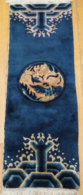 Antique Chinese Peking hand Knotted Wool Rug (1' x 3'3"ft) ca. 1910, full pile, blue background, excellent condition, professionally hand washed recently.