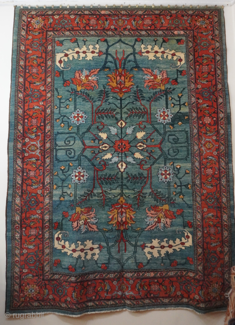 Magnificent Antique Persian Bakhshayesh Hand knotted Wool Rug, circa, 1880s-1900s, it measures (8'7" x 11'3"ft) gorgeous design with turquoise blue background, excellent original condition, free of odors, wears, repair, professionally hand washed ...
