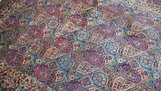 Lavar Kerman Persian Rug Antique 1850-1880 size:(8'10" x 12' ft) wonderful excellent condition, full pile, professionally hand washed, very unique design and beautiful colors, this elegant rug was property from the University ...