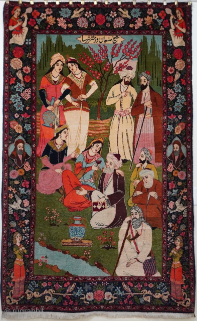 Antique 19th Century Kerman Pictorial Persian Handmade Wool Rug (4'4" x 7' ft) spectacular colors, Shaykh San'an and Tarsa Girl Story from Attar Nishapor poems, veg. dyes, excellent condition, professionally hand washed ...