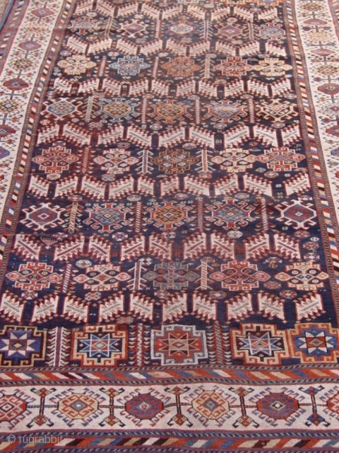 Antique Persian Qashqai tribal rug, circa 1880's or older, 5'6" x 10'4"  ft. blue background, some minor areas of lower pile, no restorations.         