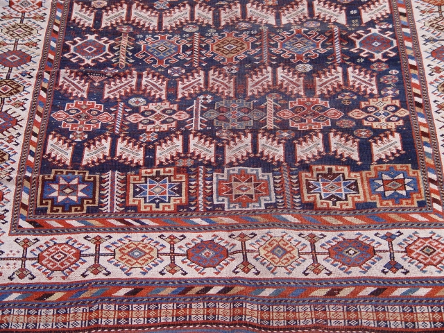 Antique Persian Qashqai rug, 5'6" x 10'4" circa 1880's or older, blue background.                    