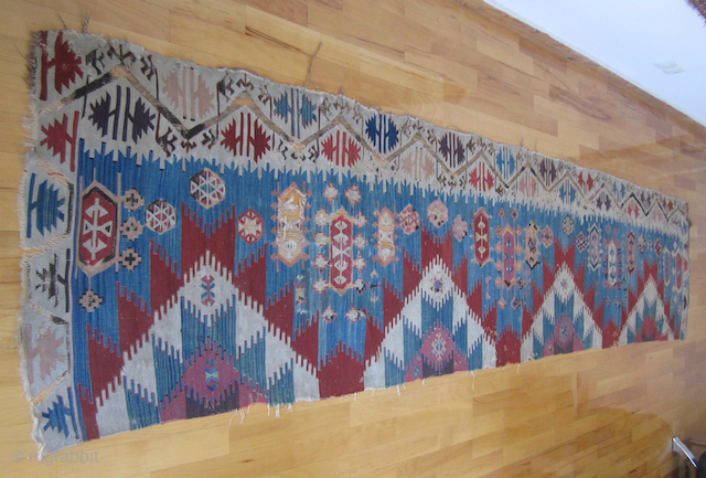 Lovely anatolian kilim, 1850, half, corroded black, beautiful different shades of red/pinks and blue/green blues                  