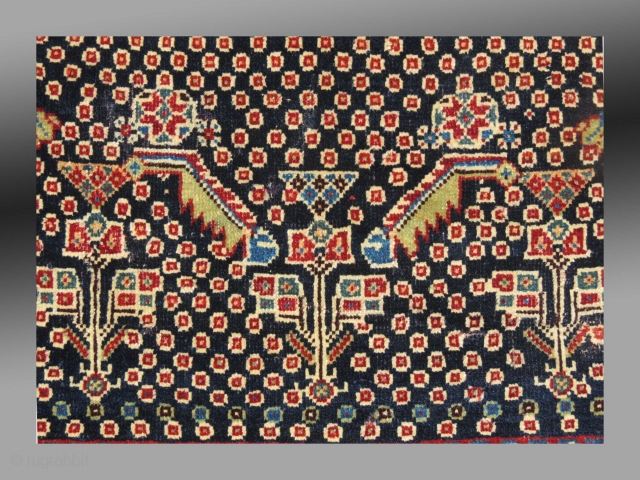 Afshar Bag Face, S. Persia, 19th C., 2'8" x 2'

An unusual design, with minor repair - lower left edge (2) - see detail images

Minor repair, upper end with same amount of repair  ...