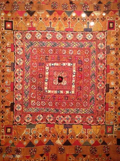 Sindhi embroidery. 
19th Century. (1860-1880). 
42 x 60 inches.
condition is delicate. Silk embroidery on cotton. Some corrosive dye on the silk thread.
Lovely and early.
Pakistan. (Possibly Mithi region od sindh)    