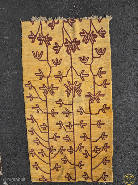 Tibetan Sleeping carpet. unusual and bold drawing. The yellow and maroon color suggest this was woven for monastic use. slight reduction on both ends.
Tibet, circa 1900
Please contact me at tmond106@gmail.com