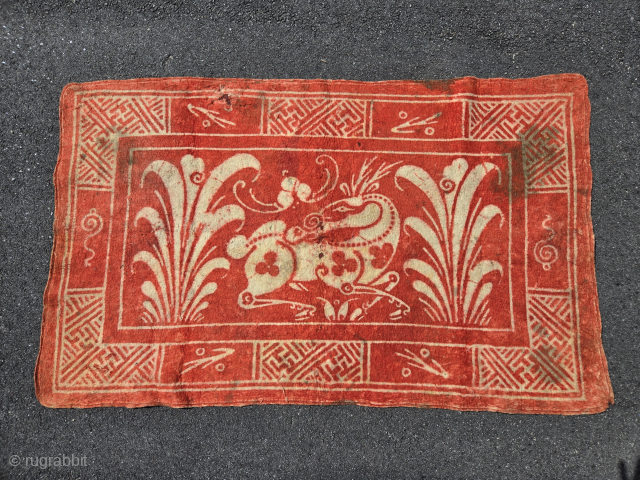 Mongolian felt. Resist dyed. Made for the Tibetan market. SAourced in Lhasa in the early 1990s. In found condition with minor distress and original Tibetan repairs.
Please contact at tmond106@gmail.com    