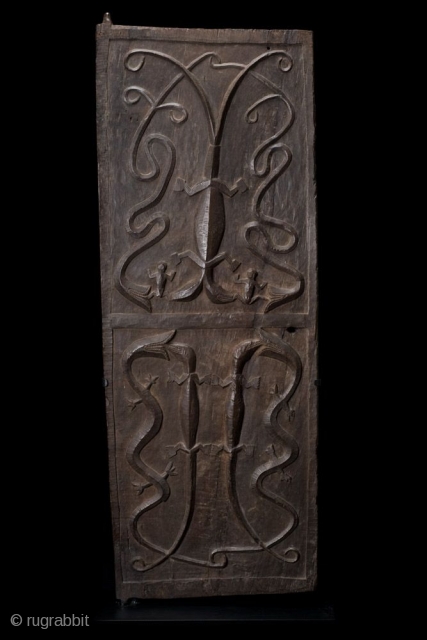 Longhouse Chief’s Door,

Bidayuh Dayak, West Borneo,

Ironwood,

19th/early 20th Century,

From a Japanese Collection,

60 x 23 in/152.5 x 58.5 cm
Dayak society was a meritocracy where only a very accomplished man could rise to the position  ...