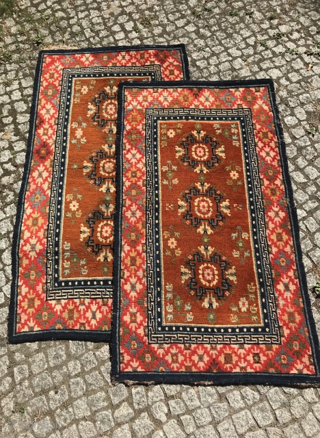 charming and decorative pair of tibetan rugs, slightly different sizes, central tibet, ca. 1920, very good condition, no repairs, 138 x 75 cm (54,33 x 29,52 inches), 128 x 72 cm (  ...