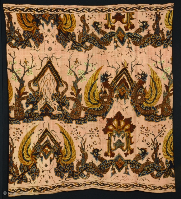 Silk Sarong, Cirebon, Java, Indonesia. Unusual pictoral sarong - rock formation, birds and naga. size:100x 100cm unsewn. Circa: 1940-1950. www.tinatabone.com             
