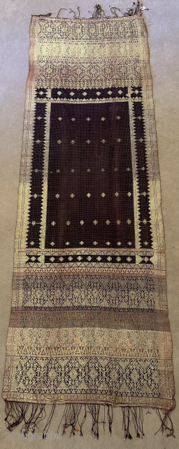 Fine silk and gold brocade shoulder cloth. Minangkabau people, Sumatra. Size: 166x55cm. Early 20th c. Item 40. Www.tinatabone.com               