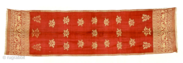 Exquisite ceremonial shoulder cloth/selendang. Minangkabau, Sumatra. silk, metal threads. crocheted edge. literature Khan Majlis 1991. Size 180x50cm. Early 20thc. wwww.tinatabone.com             