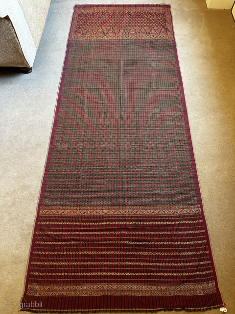 Ceremonial Shawl-Palembang, Sumatra. Beautiful red and green chequered cloth, silk, gold metal thread, supplementary weft ornamentation. Size: 124 x 93cm. Circa 1900 Published. www.tinatabone.com