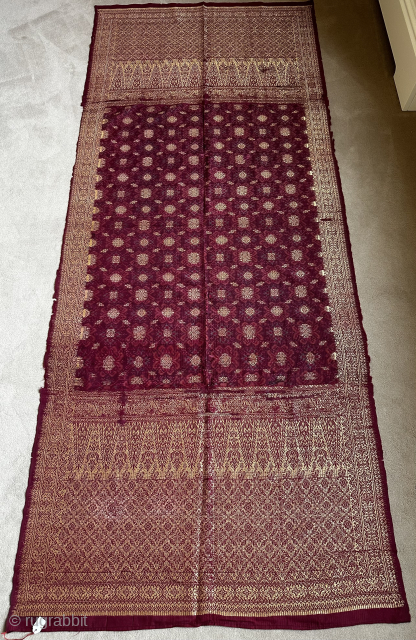 Ceremonial shawl, Palembang, Sumatra. Ornate brocaded cloth, weft ikat field, bamboo shoot pattern. Silk and gold metal thread, size 202x84cm, circa 1900. www.tinatabone.com