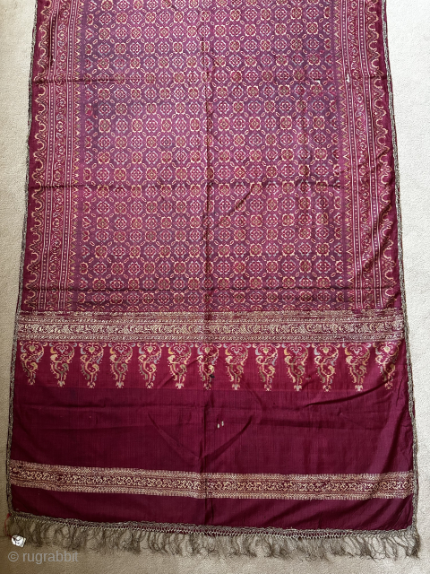 Silk soulder cloth, Palembang, Sumatra. Green, yellow, blue tones with pukup rebung design. Size: 198 x 86cm. Silk, Ikat limar, songket. 19th century. Please visit me on tinatabone.com
     
