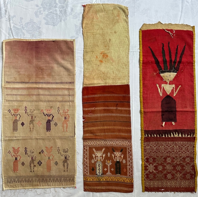 Three Balinese ceremonial cloths (Lamak). Early to mid 20th century. Cotton and silk applied, woven and brocaded. Sizes: Left-57x29cm, Middle-72x18cm, Right-63x20cm. www.tinatabone.com           