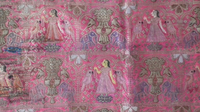 A lovely piece of Indian brocade work, elephants and birds on a pink silk base. Fragile areas but secured with silk backing.  Silk and metal twine.  Size: 60x60cm.   