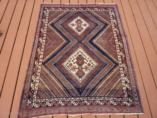 Antique Afshar 48"x 62" intricate pattern with some wear spots and/or oxidation. Price reduced as of 3/25 to $250.00 plus shipping. NO LONGER AVAILABLE.         