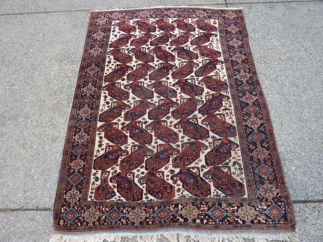 Classic Afshar beauty 73" x 54"  Recently hand cleaned by an expert.  Wear/creasing in center as shown in pictures.  $675 inc shipping within US.      