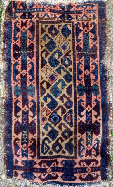 SOLD!  THANK YOU.  Baluch Balisht, 16 x 28 in. Unusual Boteh inside Boteh motif.  No repairs, glossy wool, traces of what may be fuschine which is visible in closeup.  ...