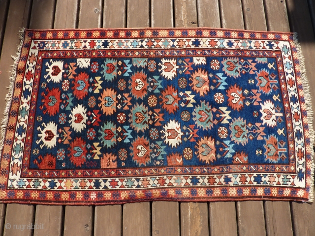 SOLD! Northern Caucasian rug 19th C last quarter, bought from James Opie many years ago and hung on a wall.  Good pile with end loss as shown. 3'1" x 5'1"   ...