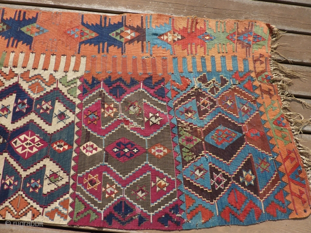 19th Century Anatolian kilim half with rare apricot background. 31" x 9' 10"                    