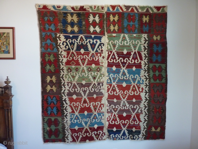 SOLD!   19TH Century Anatolian kilim half which has been cut in half by a previous owner, for easier display, and cleaned by Rbt. Mann (great job) who removed old glue  ...