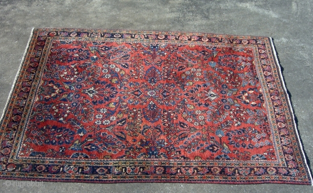 Beautiful Sarouk in excellent condition. Measures 3'4" x 4'9". Selvages original and in very good condition. a couple of rows of knots missing at both ends but ends are well-secured and very  ...