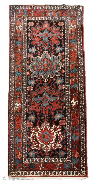 Antique unusual Heriz runner in great and bold unusual medallions. Very unique and wild design. full pile good condition, size 8'x3'.            