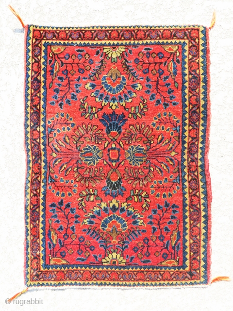 Absolutely gorgeous, fine, colorful and antique Sarough small rug in great and bright color combination. Great piece of art. size is 2'-7"x1'-11".           