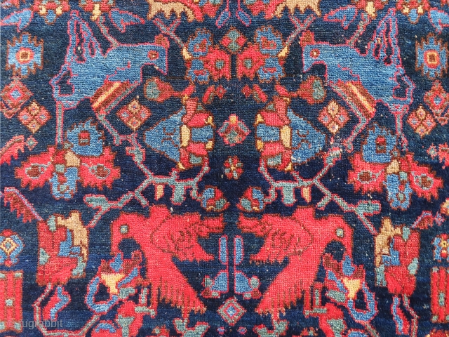 Unique, antique, full pile and color full Persian Malayer rug in good condition. The design is extremely gorgeous and color combinations are unique [color replacement?]. All colors are natural, some small repilling  ...